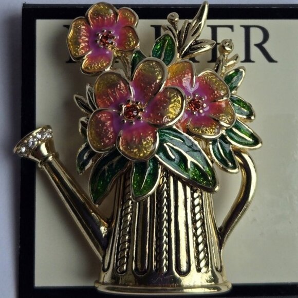 Napier Jewelry - NAPIER Flowers in Water Pitcher Gardener Gold Enamel & Crystals Brooch Pin**NEW!